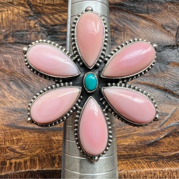 Queen Conch & Kingman Turquoise Flower Statement Ring 925 Sterling Silver | 8.5 - Picture 10 of 15